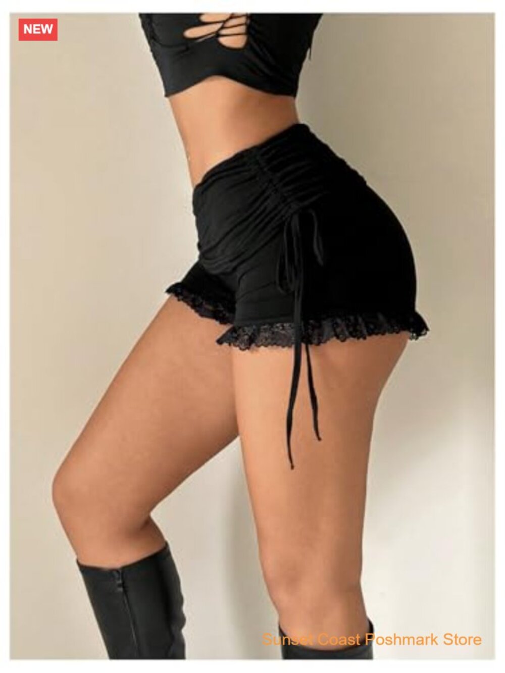 Women's Side Drawstring Lace Ruffle Shorts Y2K Ruched Low Rise Mini Slim Fit - Picture 2 of 6